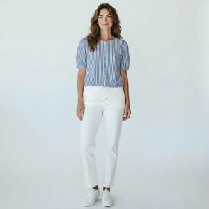 J Crew Womens Striped Puff-Sleeve Tie Waist Top Size Large Cottage Prairie